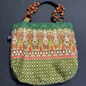 Napada Thailand Beaded Wood Handle Cotton Boho Tote Handbag Green Floral